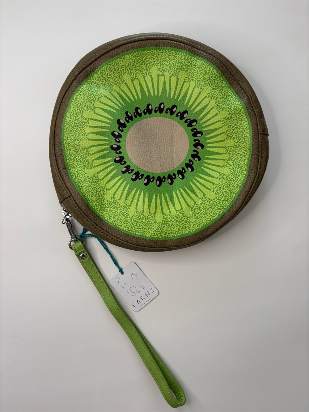 Yarnz Green Kiwi Print Round Wristlet Clutch
